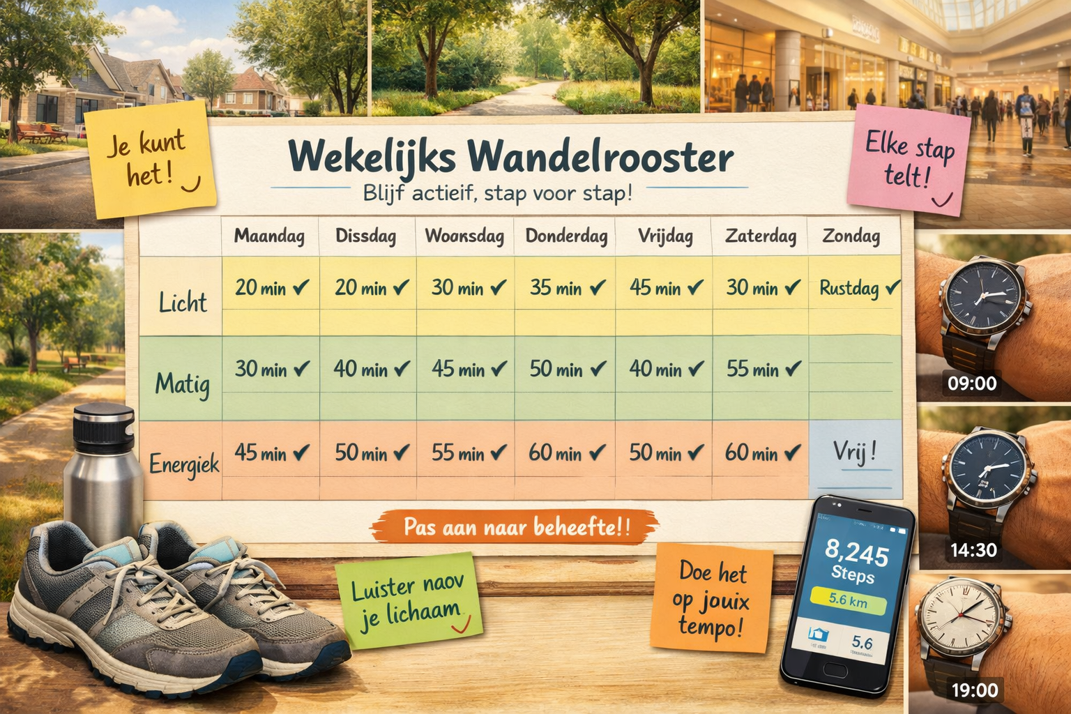Practical visual guide (1536x1024) showing realistic weekly walking schedule calendar layout with checkboxes and progressive duration increa