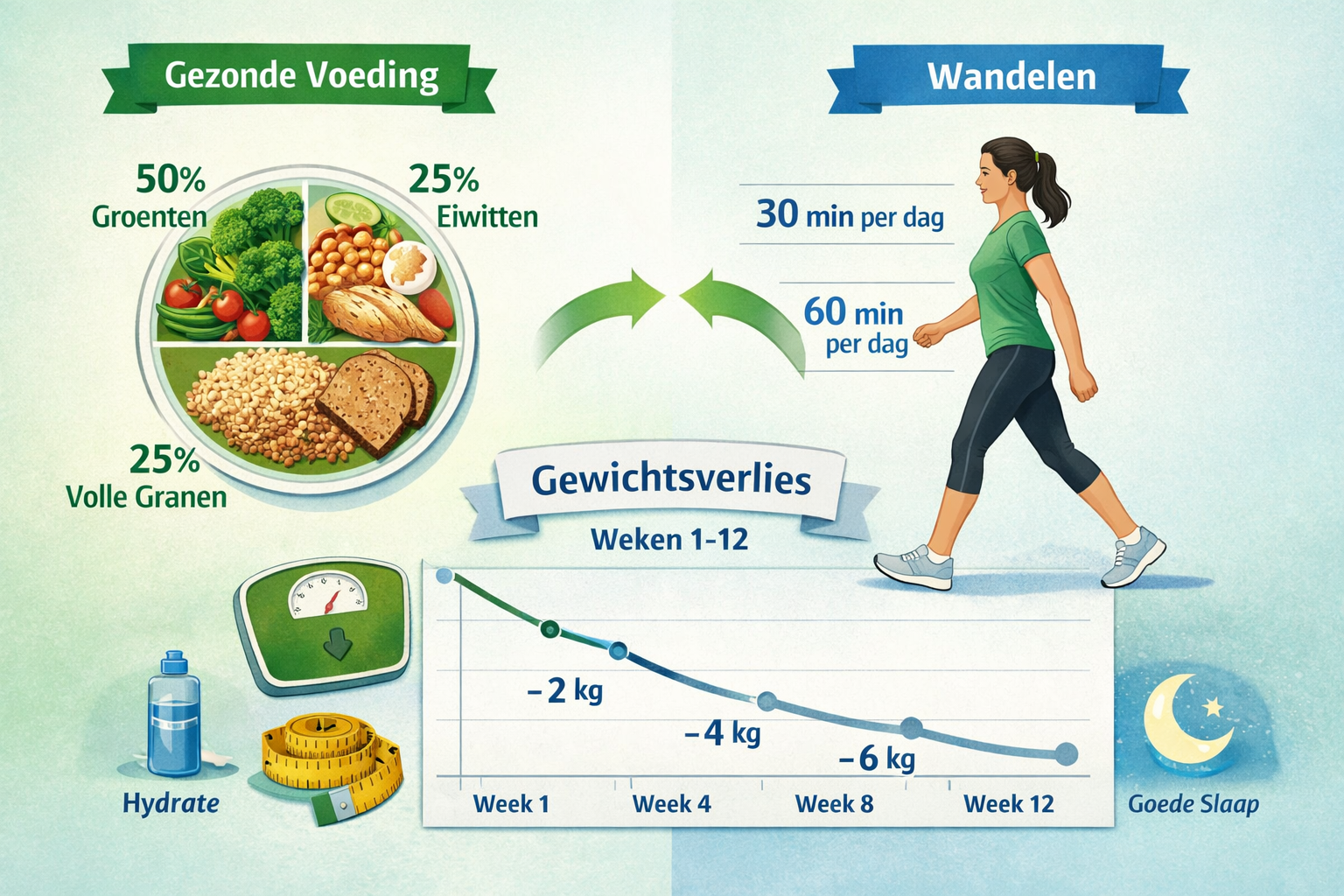 Comparison chart illustration (1536x1024) displaying walking combined with nutrition strategies for weight loss. Split visual: left side sho