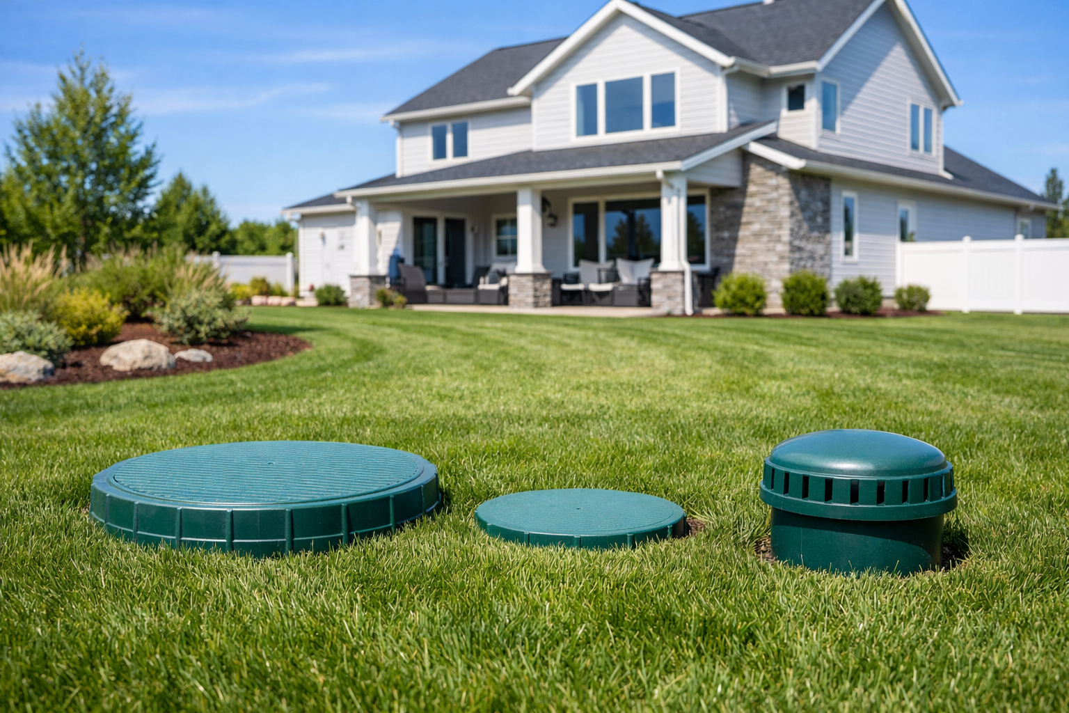 Professional landscape format (1536x1024) hero image showing a well-maintained residential septic system with visible tank access covers in 