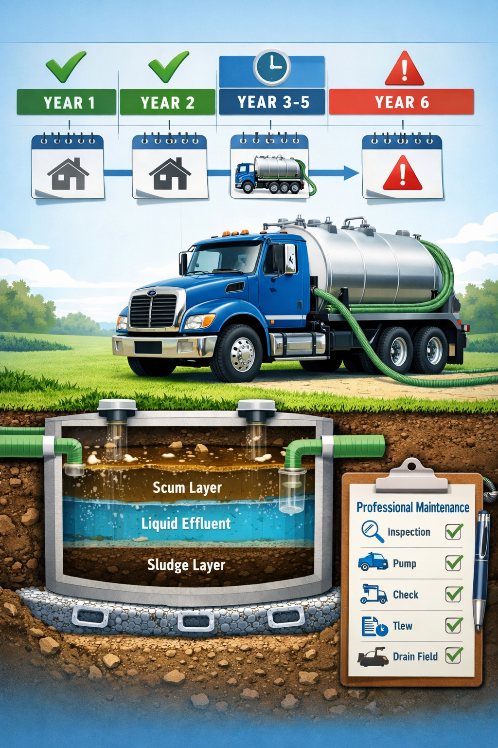 Portrait format (1024x1536) detailed infographic showing septic tank pumping schedule calendar with visual timeline, 3-5 year intervals mark