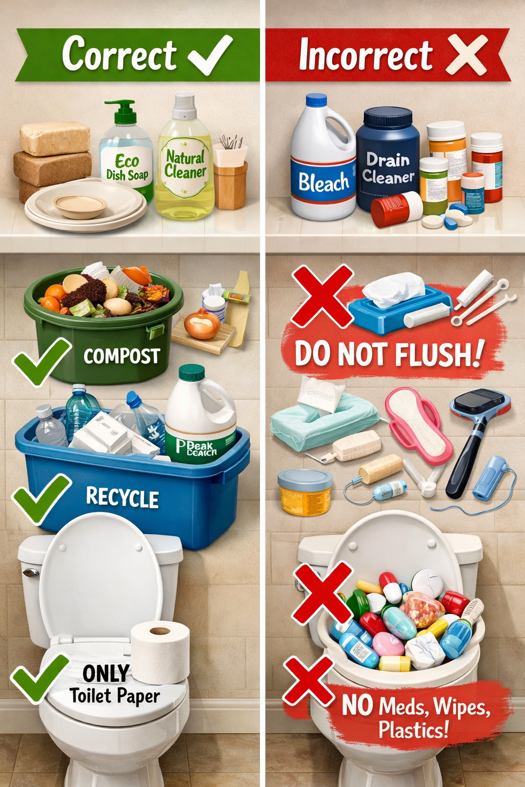 Portrait format (1024x1536) split-screen comparison showing correct vs incorrect household practices, left side showing biodegradable produc