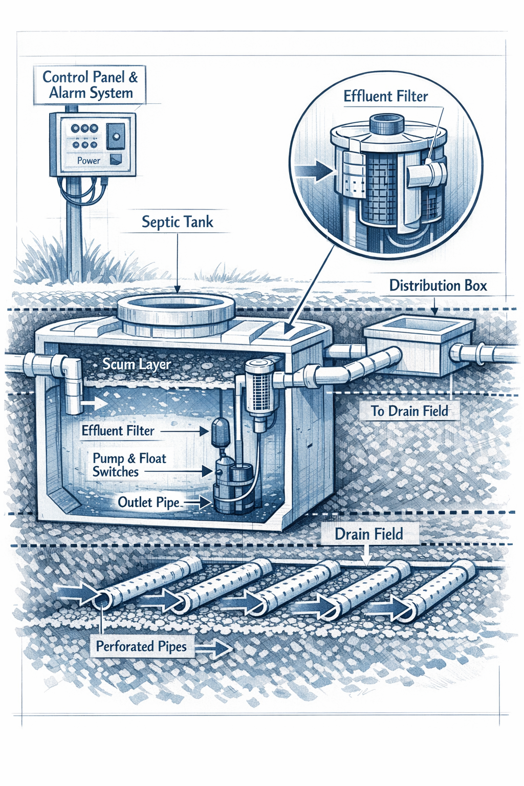 Portrait format (1024x1536) cutaway technical illustration of septic system components including tank, distribution box, drain field pipes, 