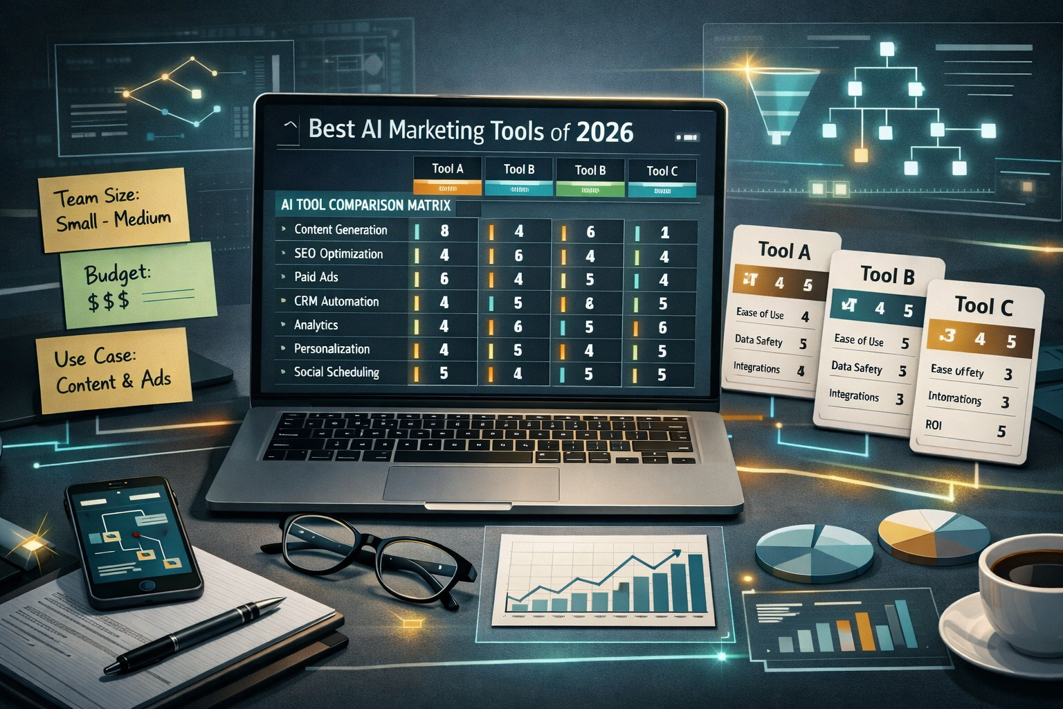 Professional editorial illustration for a section explaining how to choose the best ai marketing tools of 2026. Scene from a