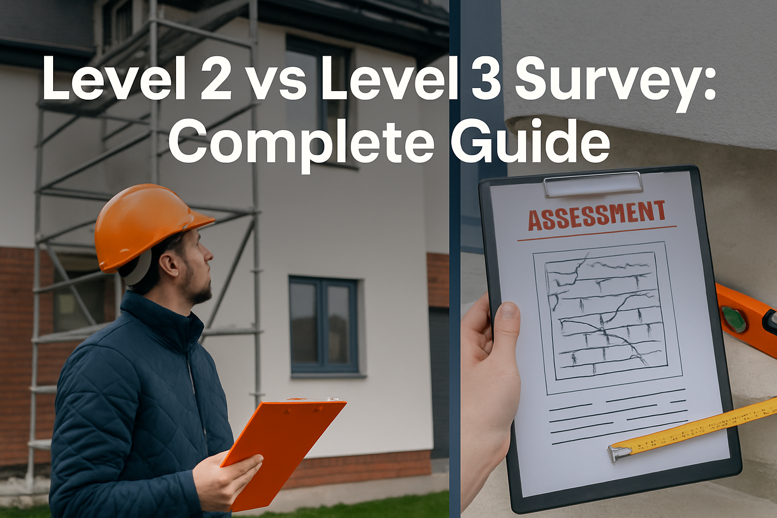 Professional landscape hero image (1536x1024) featuring bold text overlay 'Level 2 vs Level 3 Survey: Complete Guide' in extra large 72pt wh
