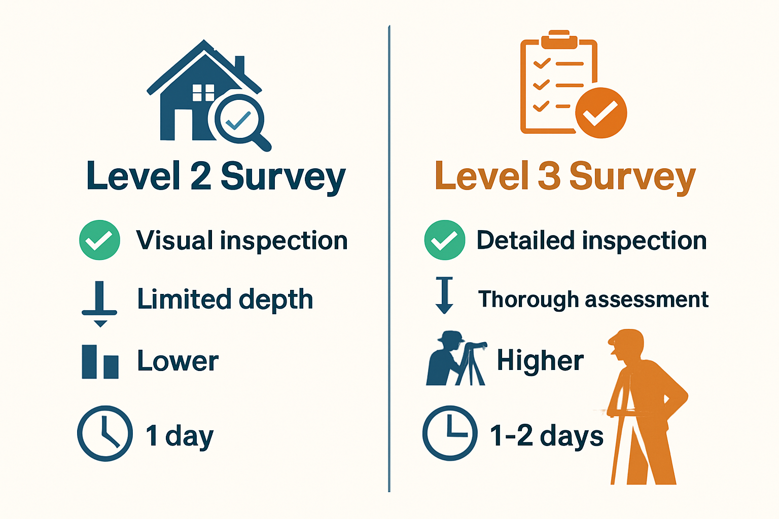 Detailed comparison infographic showing Level 2 survey characteristics on left side and Level 3 survey features on right side, with central