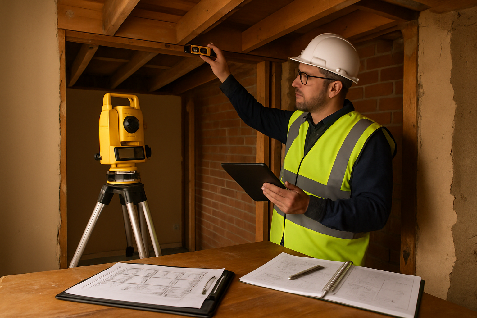 Professional surveyor conducting detailed structural inspection inside residential property, wearing hard hat and high-visibility vest, usin