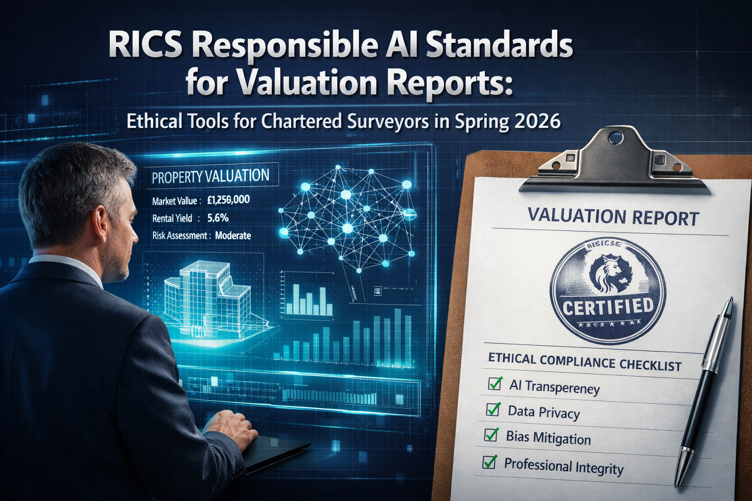 Professional () hero image featuring 'RICS Responsible AI Standards for Valuation Reports: Ethical Tools for Chartered