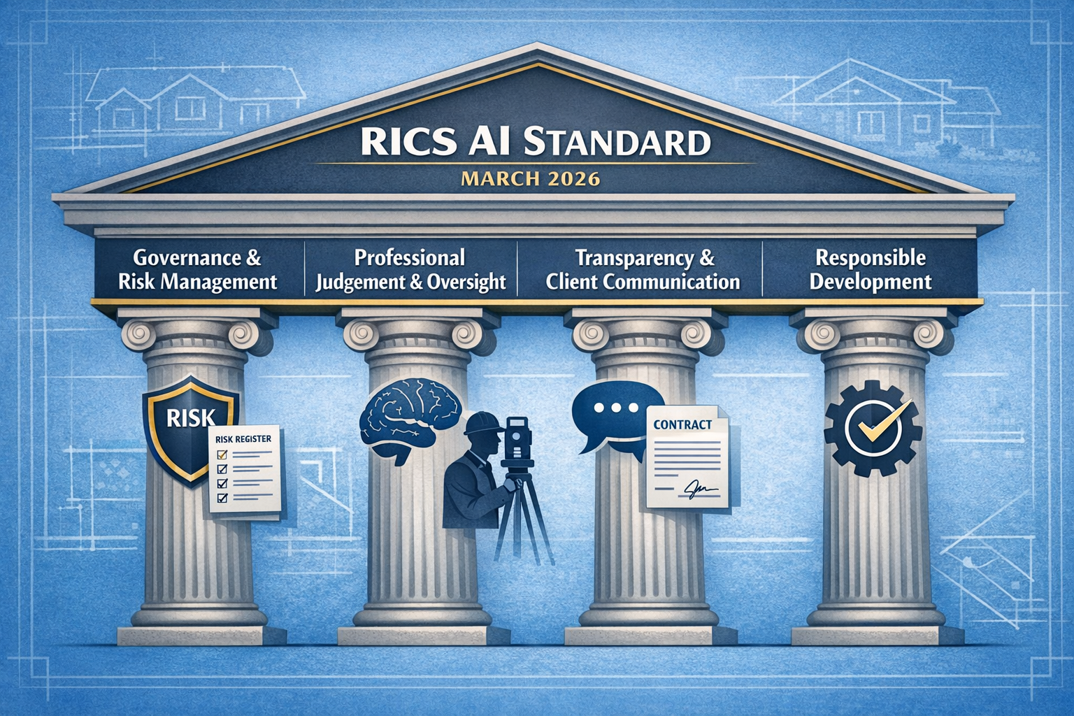 () detailed infographic showing four interconnected pillars represented as architectural columns supporting a roof labeled