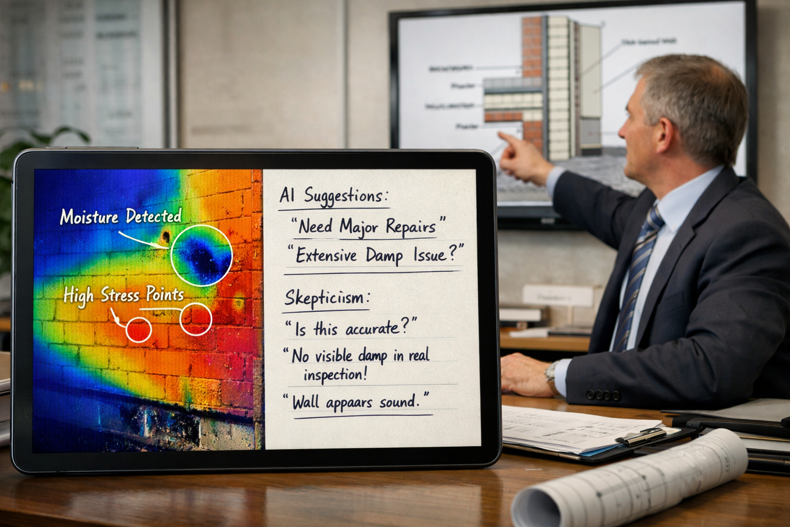 () realistic scene showing professional chartered surveyor in modern office conducting party wall assessment with AI