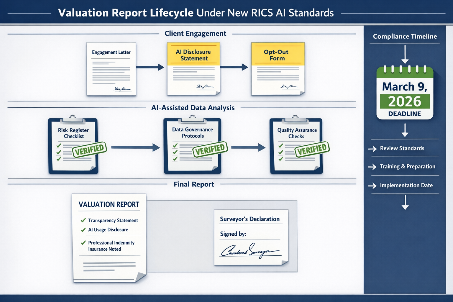 () detailed workflow diagram showing valuation report lifecycle under new RICS AI standards. Top section displays client