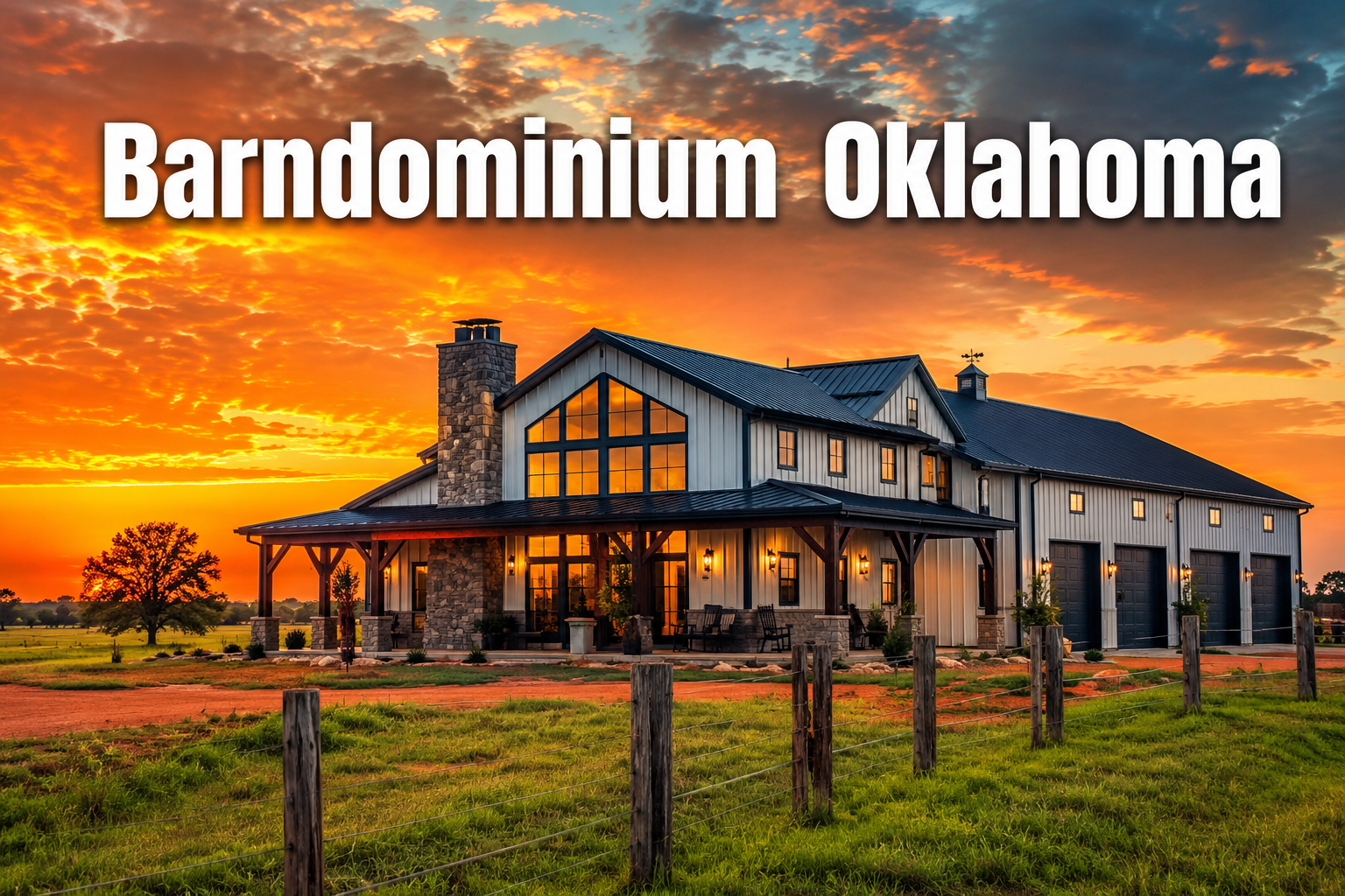 Professional () hero image with : 'Barndominium Oklahoma' in extra large white with dark drop , centered in upper third.