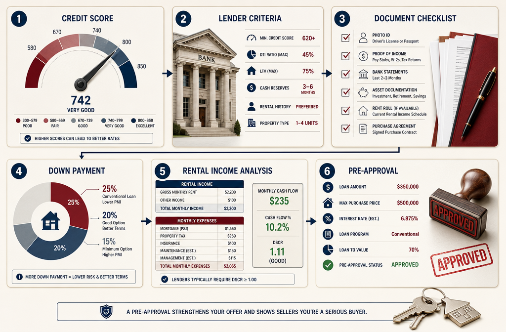 () editorial illustration showing a step-by-step flowchart for investment property pre-approval. Six connected boxes display