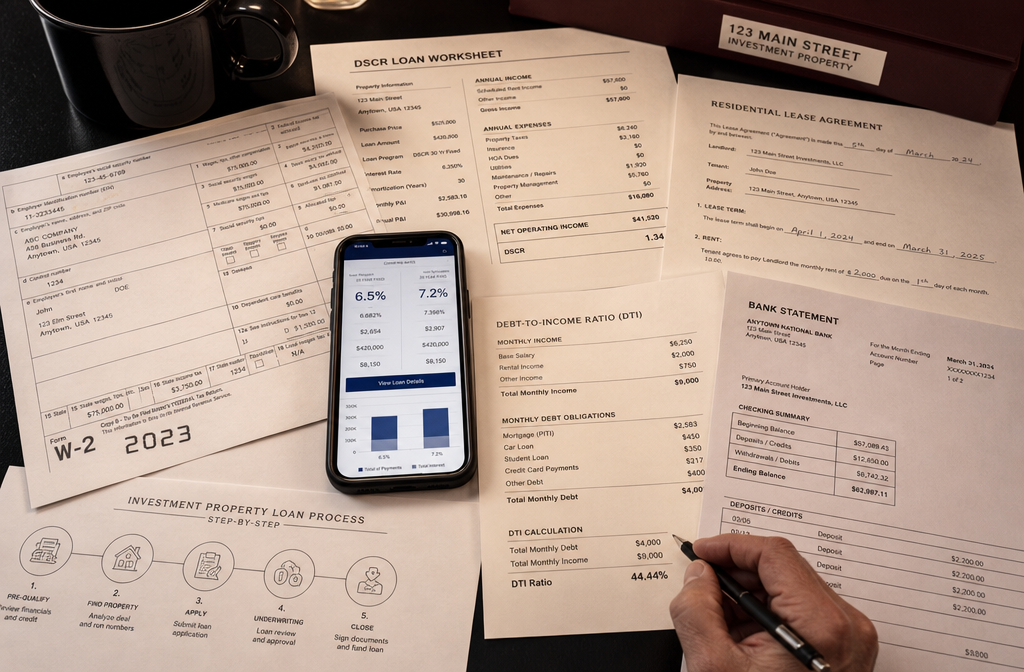 () close-up aerial shot of a real estate investor's workspace: spread of financial documents including W-2 forms, bank