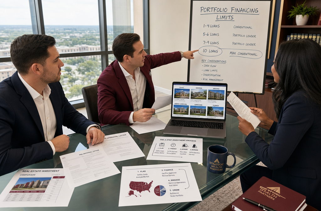 () wide-angle shot of a real estate investment portfolio strategy meeting. Three investors around a glass conference table