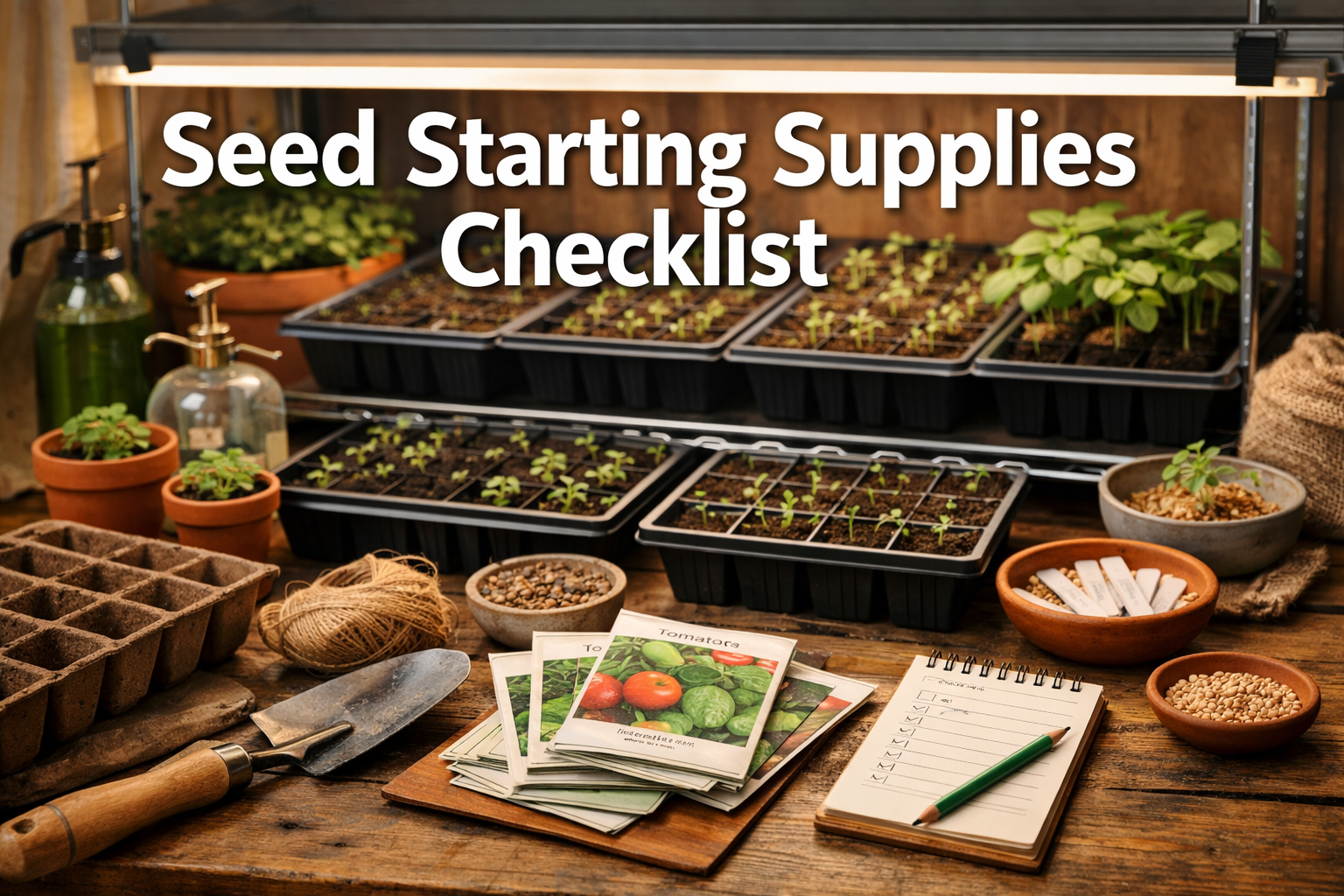 Professional landscape format (1536x1024) hero image featuring bold text overlay 'Seed Starting Supplies Checklist' in extra large 72pt whit