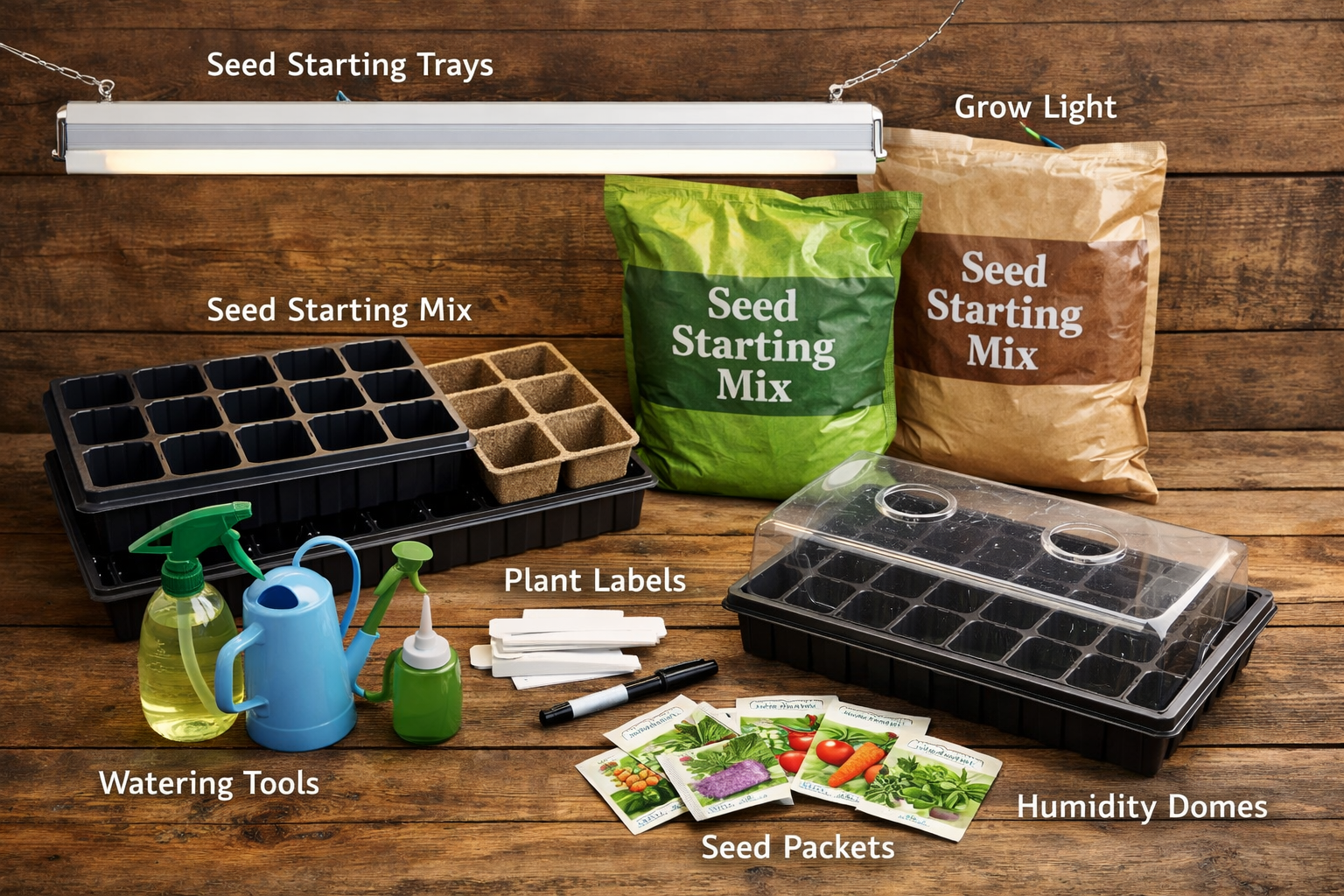 Detailed landscape format (1536x1024) image showing essential seed starting supplies laid out on rustic wooden surface: seed starting trays 