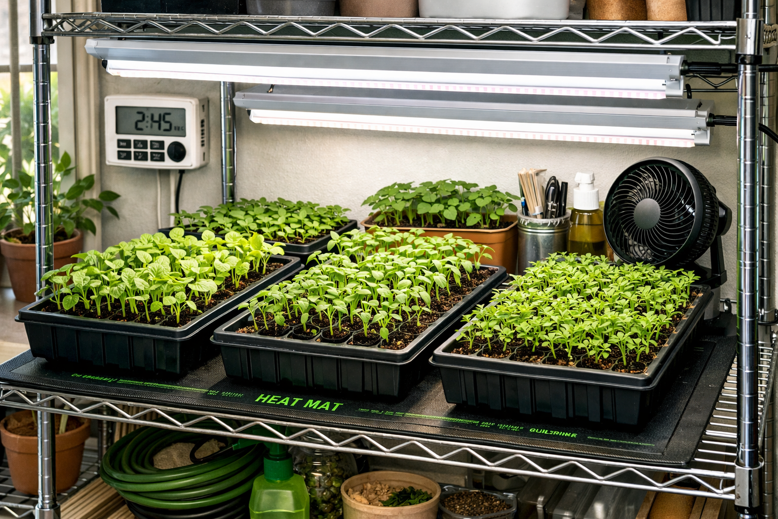 Professional landscape format (1536x1024) image of thriving seedling setup in action: multiple seed trays with healthy green seedlings under