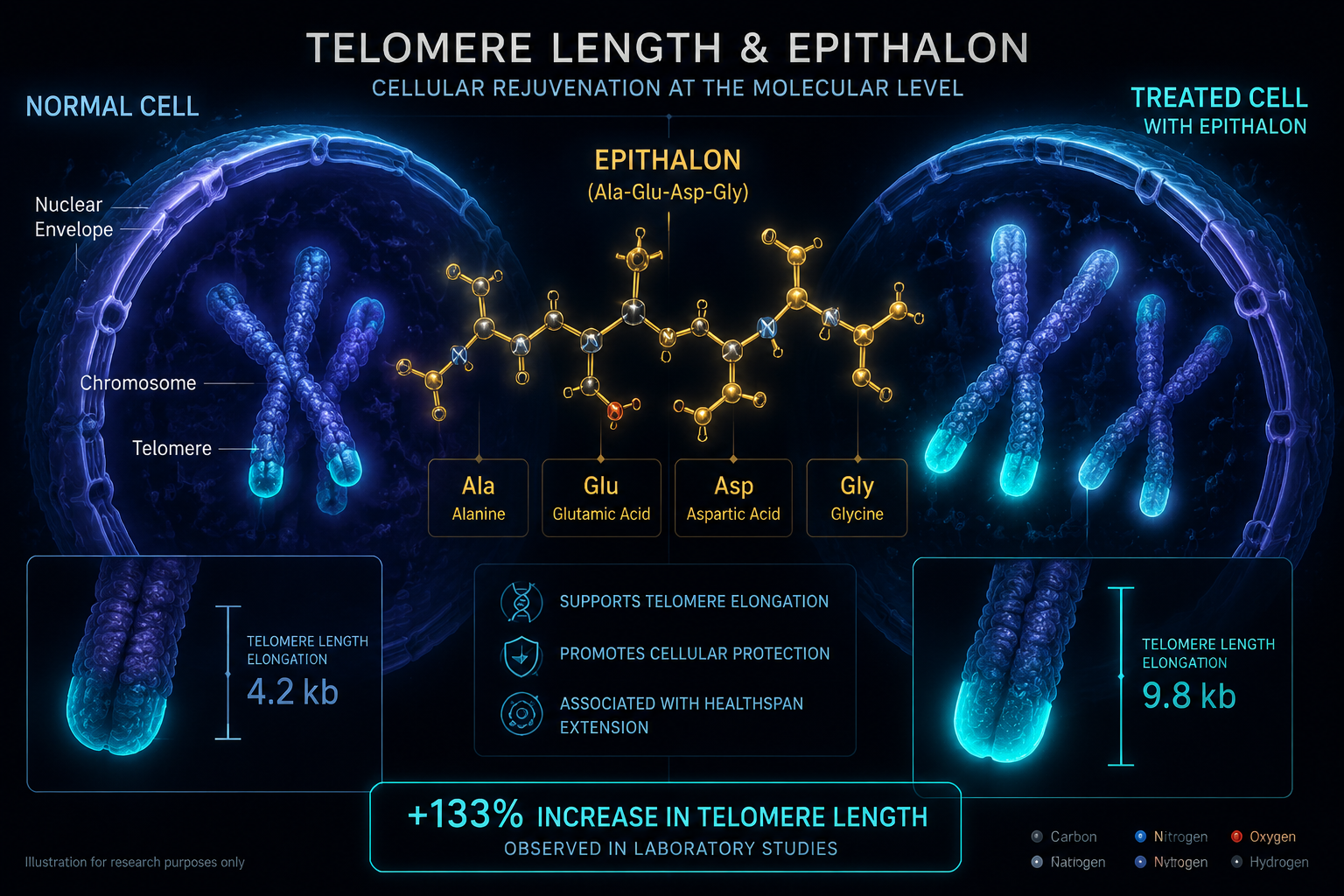 Detailed () scientific illustration showing a cross-section of a human cell nucleus with elongated telomere caps glowing in