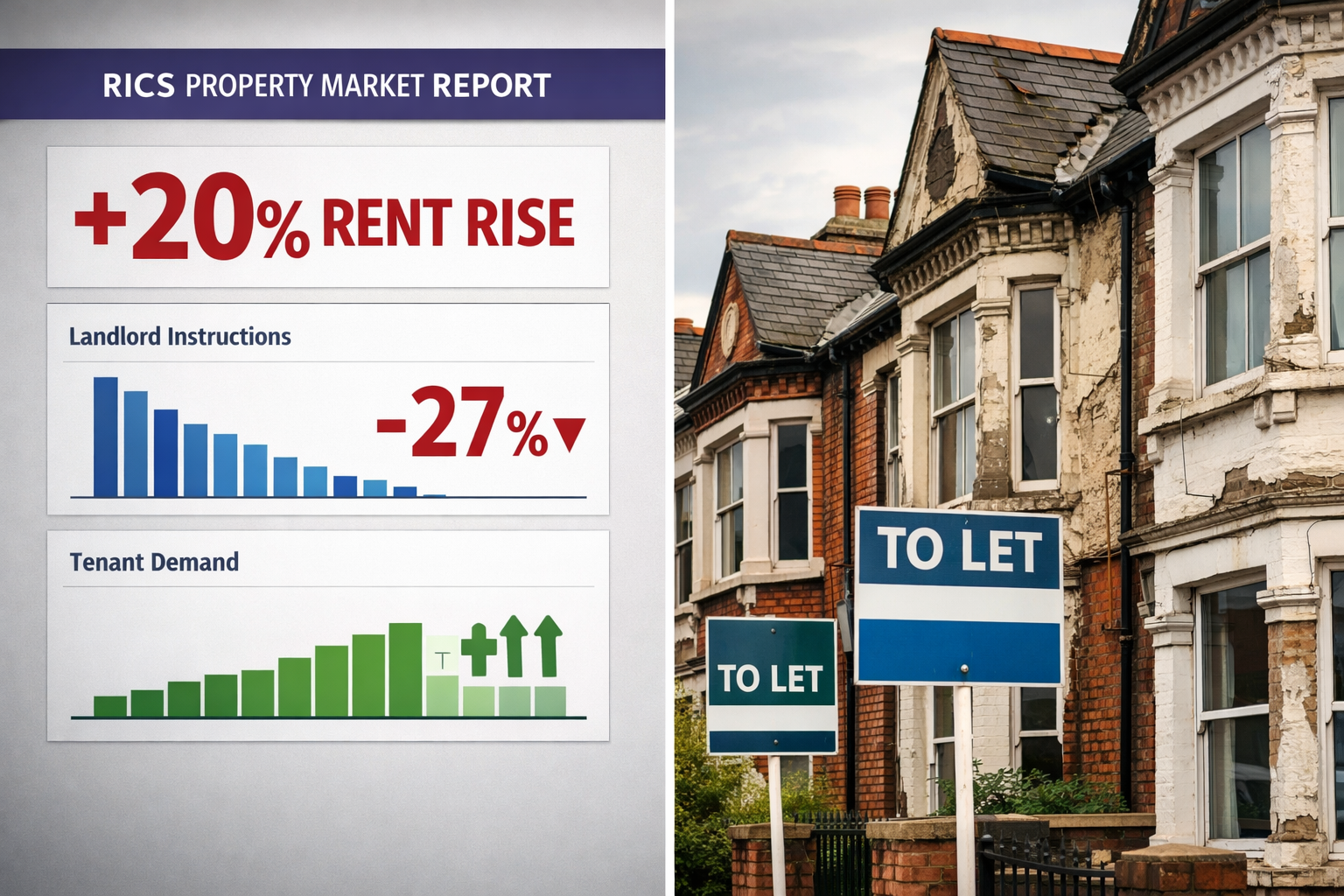() editorial image showing split-screen composition: left side displays RICS market data dashboard with prominent '+20% rent