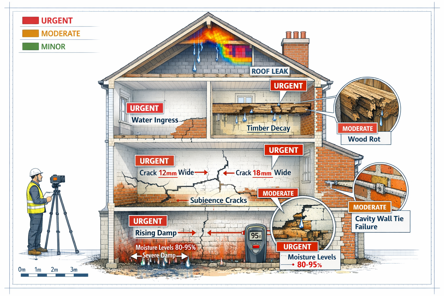 () detailed technical illustration showing cutaway cross-section view of a three-story period rental property with