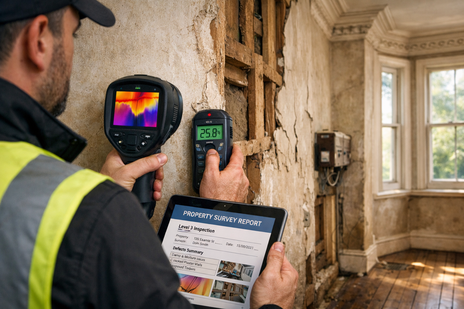 () professional photograph showing modern building surveyor conducting Level 3 survey inspection inside period rental