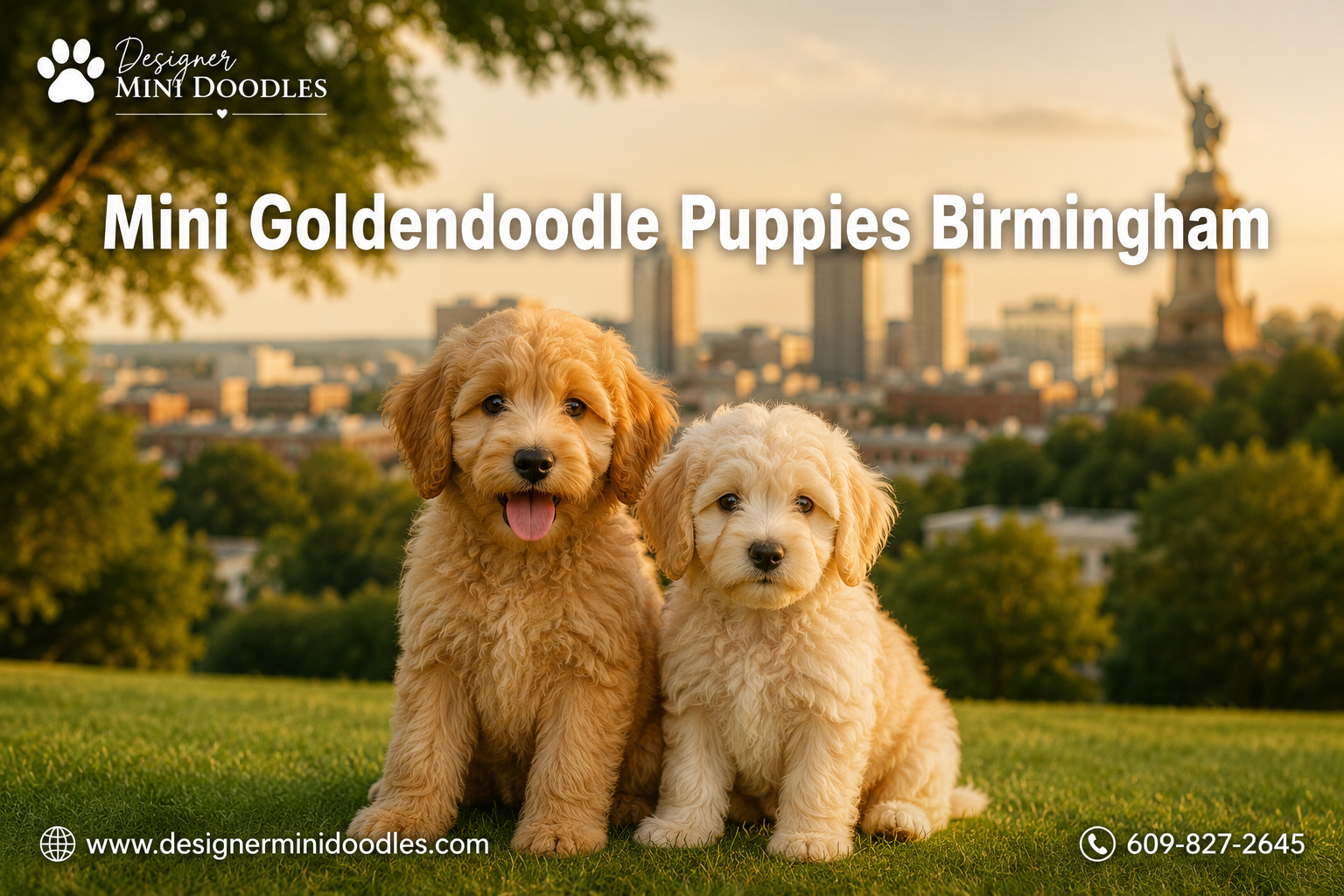 Professional () hero image with 'Mini Goldendoodle Puppies Birmingham' in white with subtle drop , centered in upper third.