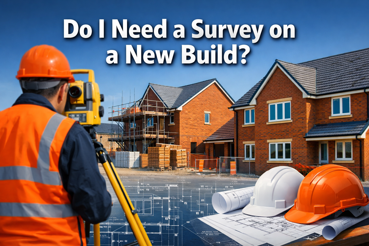 Professional landscape format (1536x1024) hero image featuring bold text overlay 'Do I Need a Survey on a New Build?' in extra large 72pt wh