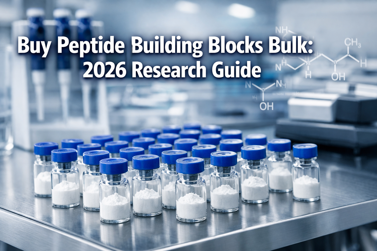 Professional landscape format (1536x1024) hero image featuring bold text overlay 'Buy Peptide Building Blocks Bulk: 2026 Research Guide' in 