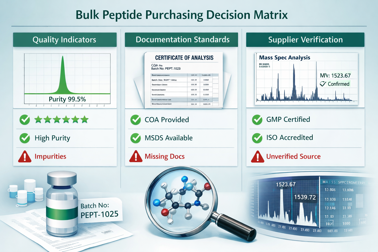 Professional landscape format (1536x1024) visualization of bulk peptide purchasing decision matrix with three columns labeled 'Quality Indic