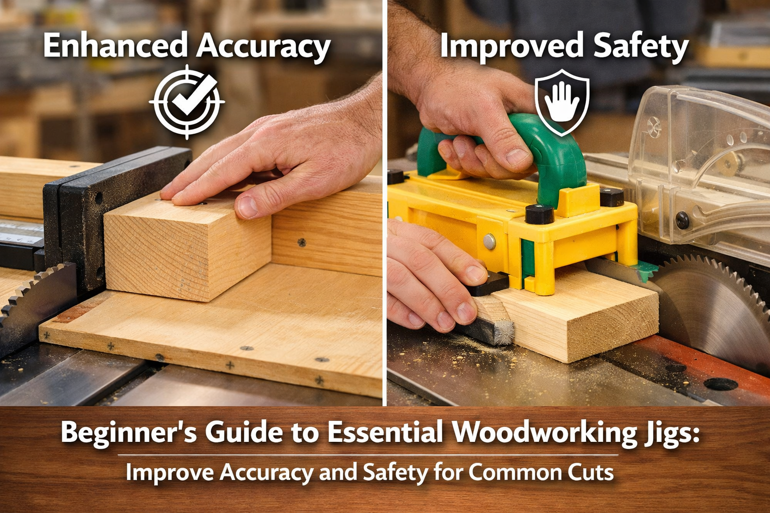 () image illustrating the core benefits of woodworking jigs: accuracy and safety. A split-screen composition showing one