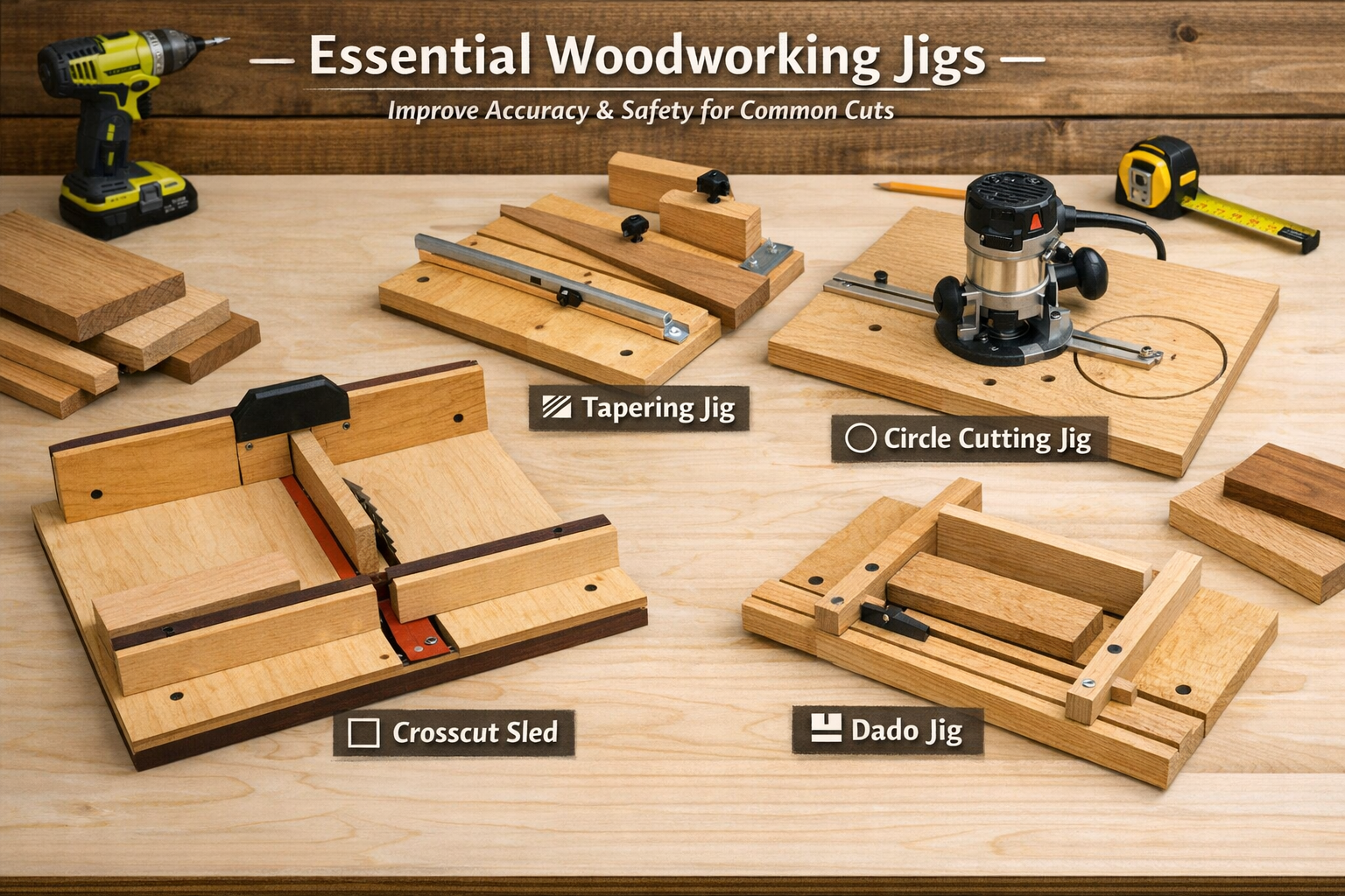 () visual guide to common woodworking jigs. A collection of 3-4 distinct jigs (e.g., table saw crosscut sled, tapering jig,