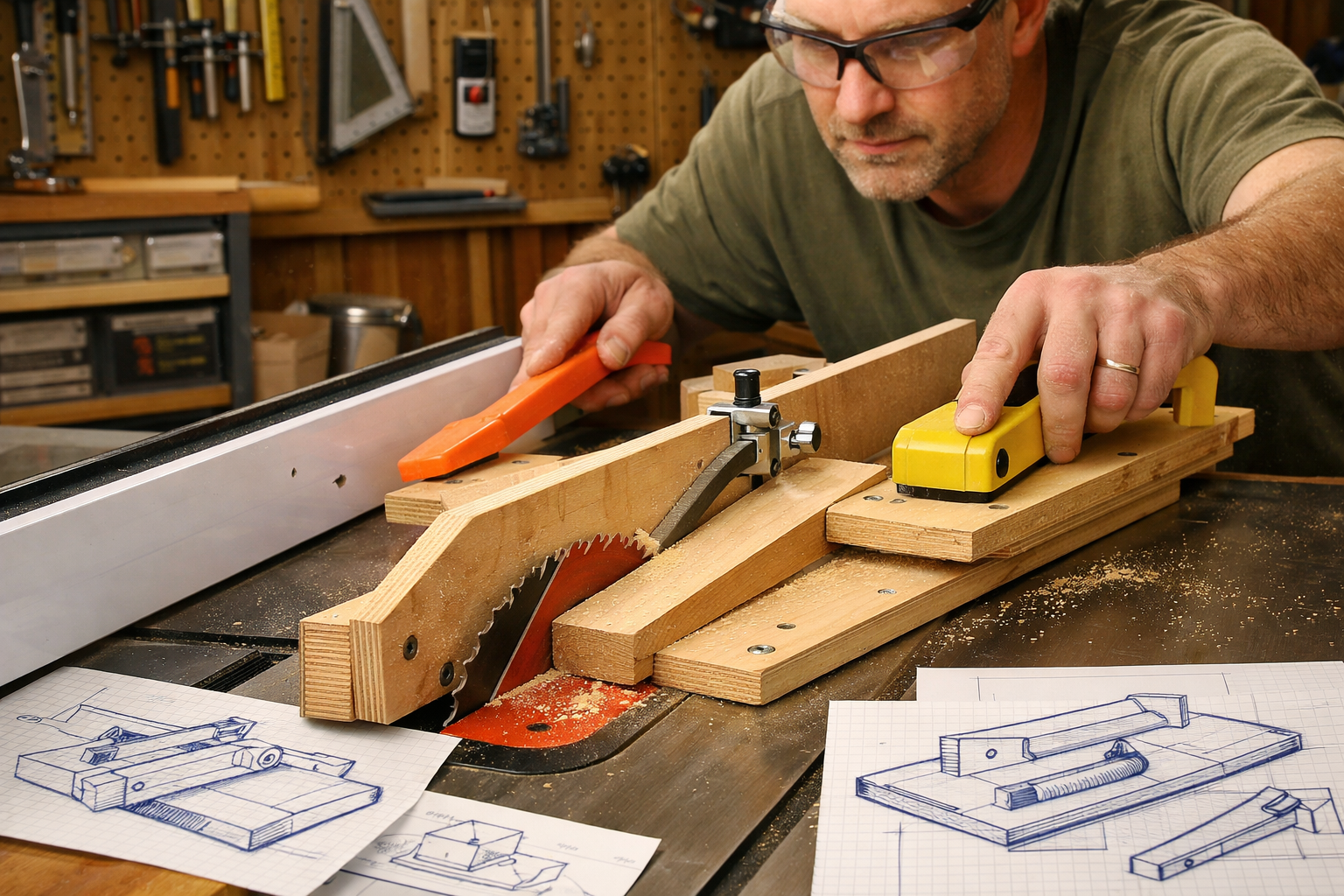 () scene of a woodworker actively using a DIY tapering jig on a table saw to create a precisely angled cut on a furniture