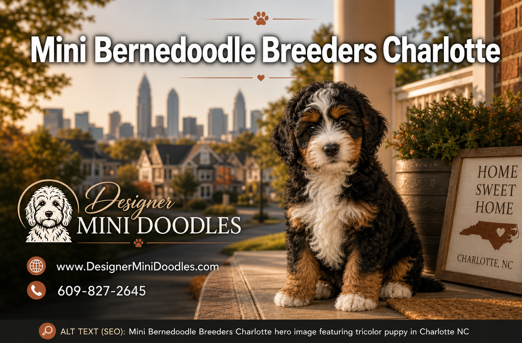 Professional () hero image with : 'Mini Bernedoodle Breeders Charlotte' in modern white text with dark drop , centered in