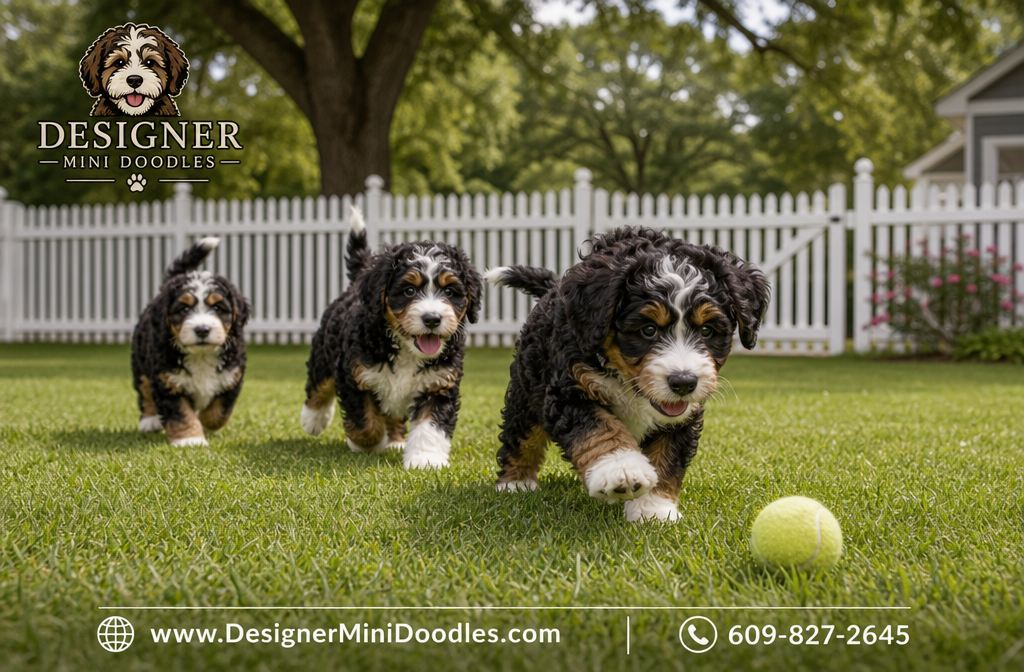 () photograph of three Mini Bernedoodle puppies playing on a manicured green lawn in a Charlotte NC backyard, ages 8-10