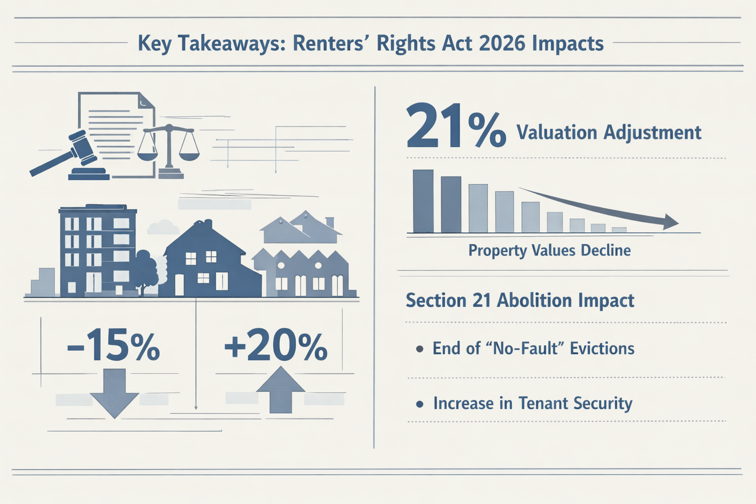 Professional editorial infographic for 'Key Takeaways' section featuring a complex visual breakdown of Renters' Rights Act