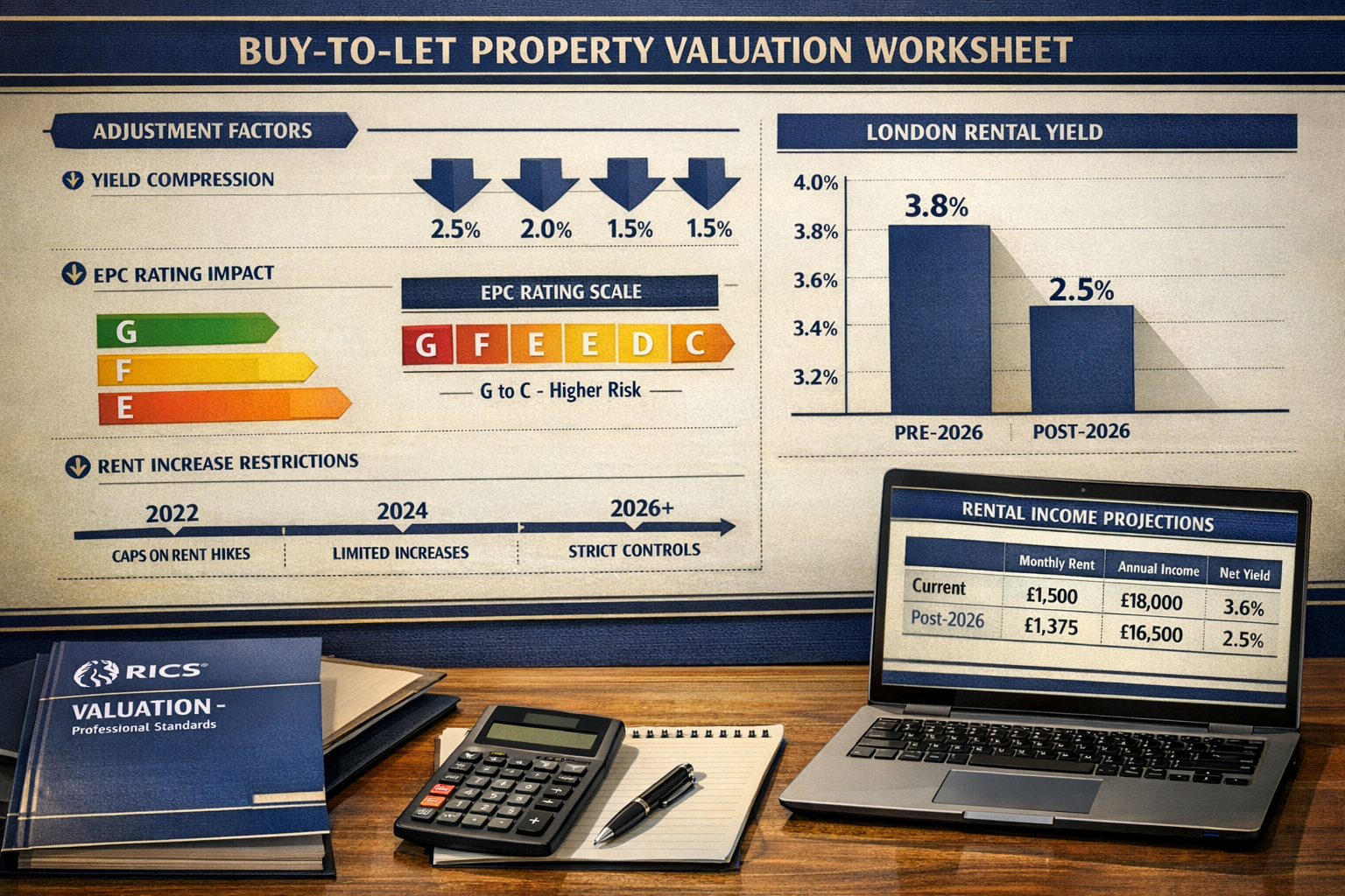 () detailed financial infographic showing a buy-to-let property valuation worksheet with annotated adjustment factors: yield