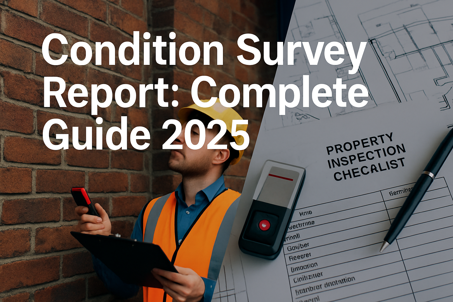 Professional landscape hero image (1536x1024) featuring bold text overlay 'Condition Survey Report: Complete Guide 2025' in extra large 72pt