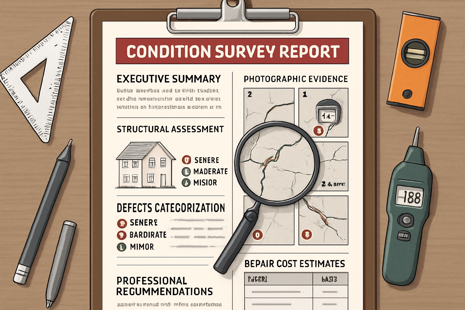 Detailed infographic illustration showing the anatomy of a comprehensive condition survey report document with labeled sections including ex
