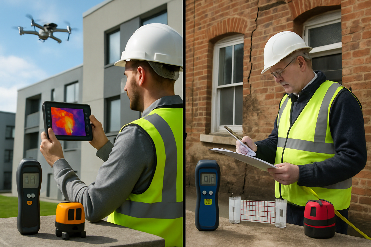 Split-screen comparison photograph showing two contrasting property inspection scenarios: left side displays modern surveyor using digital t