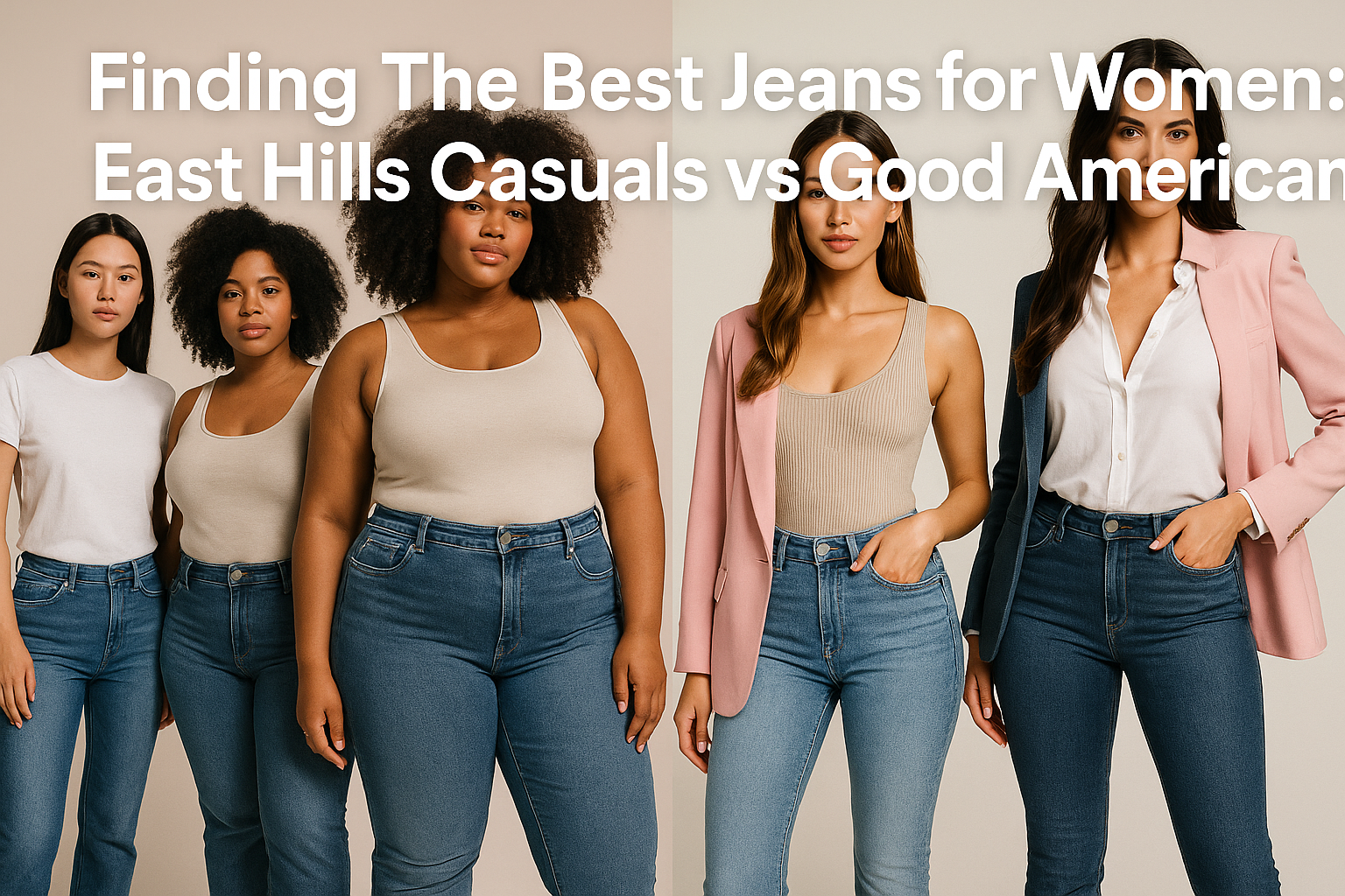 Professional landscape hero image (1536x1024) featuring bold text overlay 'Finding The Best Jeans for Women: East Hills Casuals vs Good Amer