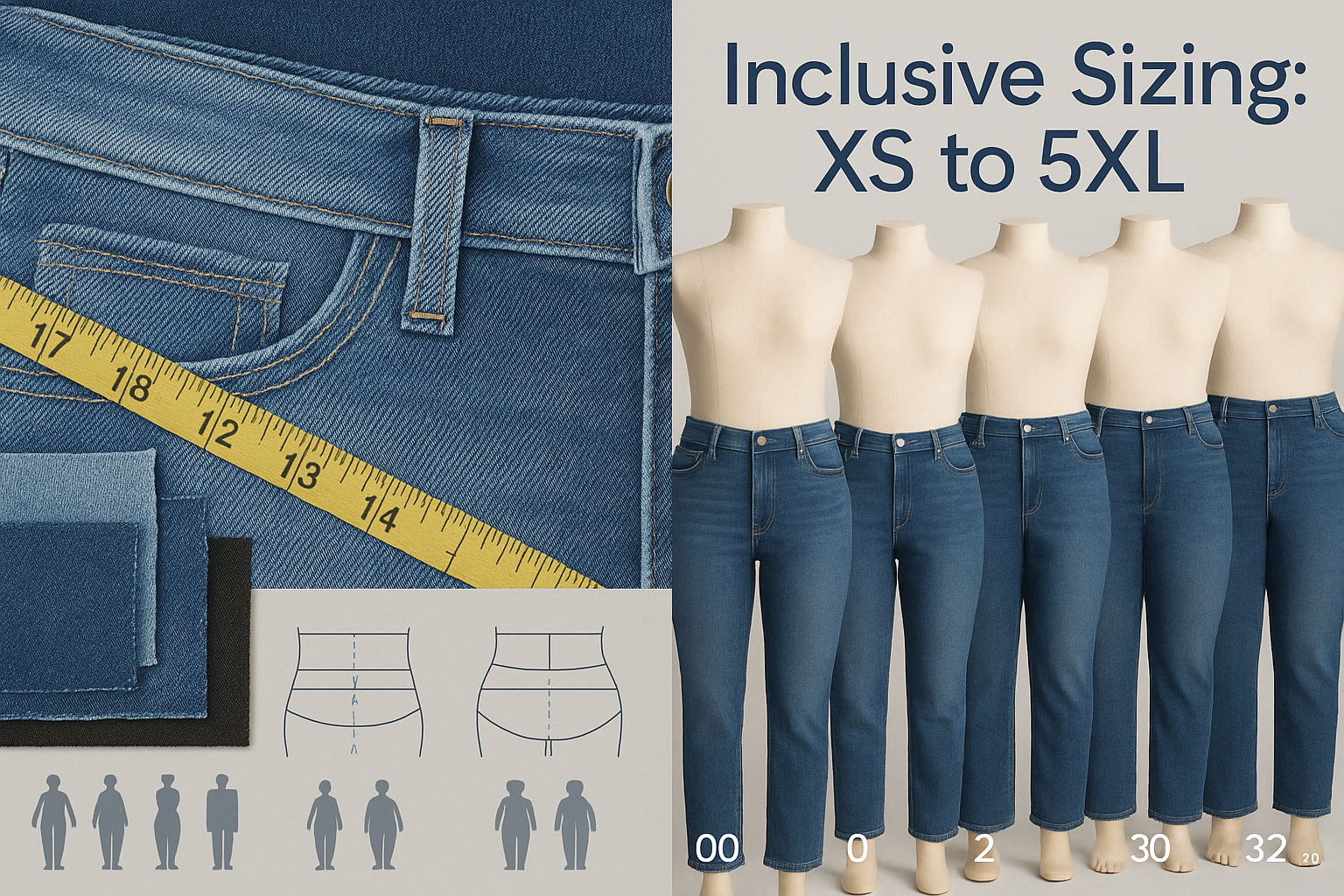 Editorial landscape image (1536x1024) showing detailed denim fabric technology close-up with visible stretch fibers, waistband construction,