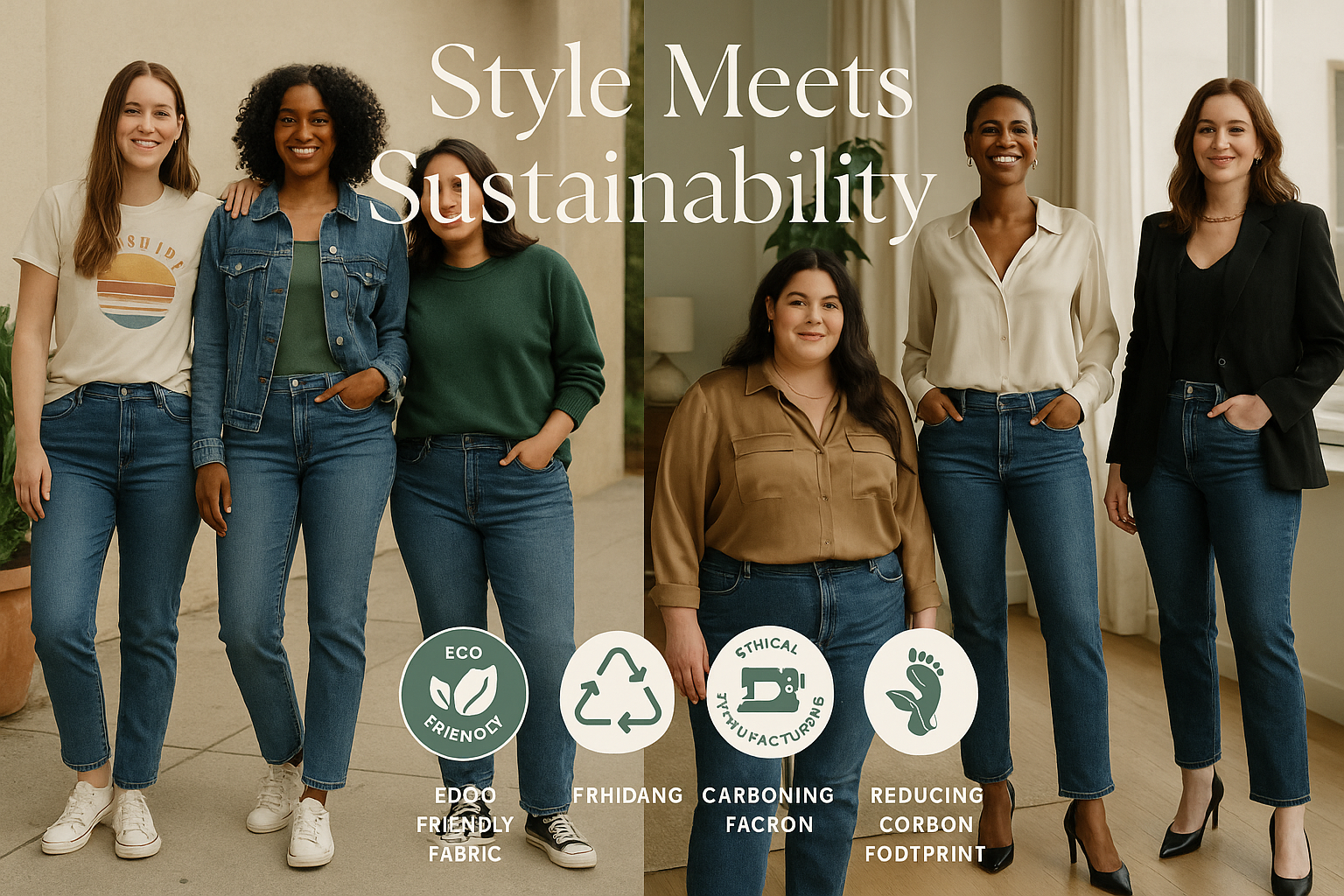 Lifestyle landscape image (1536x1024) featuring real women of diverse body types styling the same jean silhouettes in multiple ways. Left si