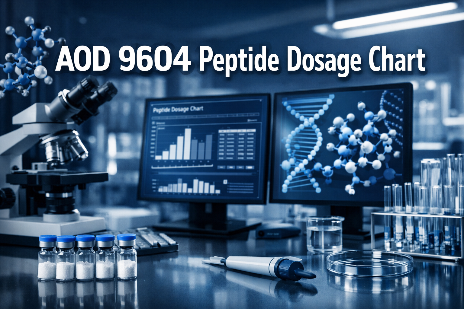 Professional landscape hero image (1536x1024) featuring bold text overlay 'AOD 9604 Peptide Dosage Chart' in extra large 70pt white sans-ser
