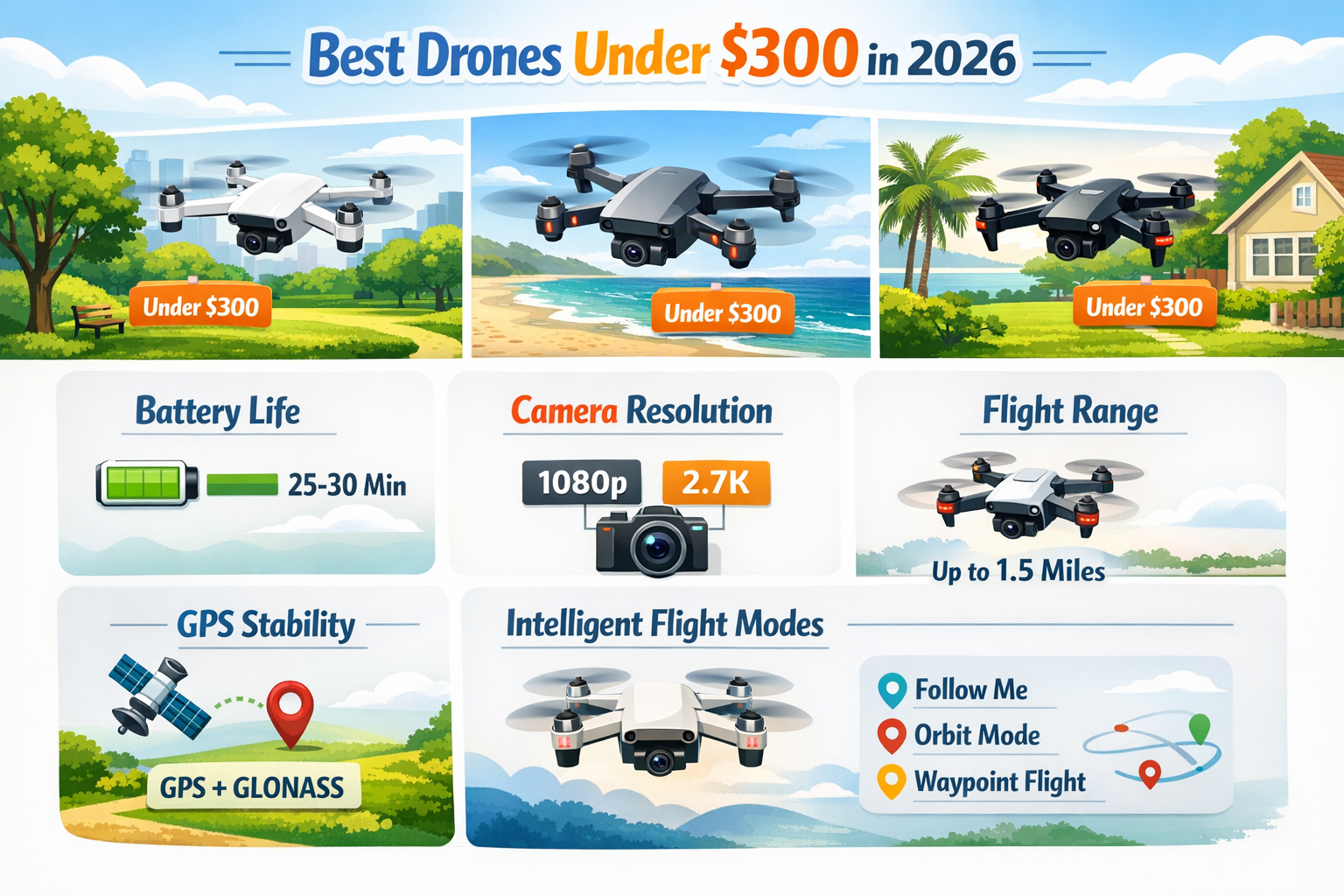 An infographic illustrating key features to look for in the best drone under $300 in 2026, including battery life, camera resolution (1080p,