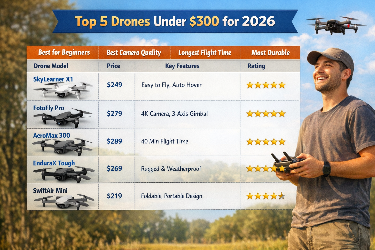 A comparative table graphic showcasing the top 5 best drones under $300 for 2026, highlighting their specific strengths such as 'Best for Be