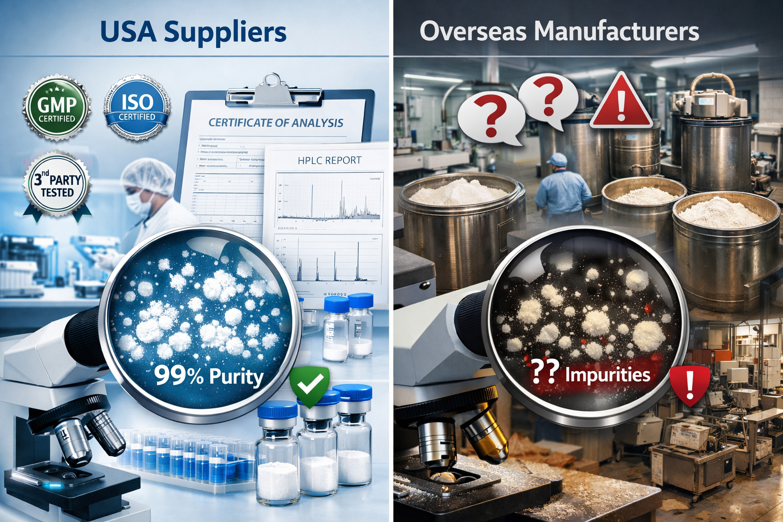 Landscape format (1536x1024) split-screen comparison visualization showing USA-based suppliers on left (premium glass vials with third-party