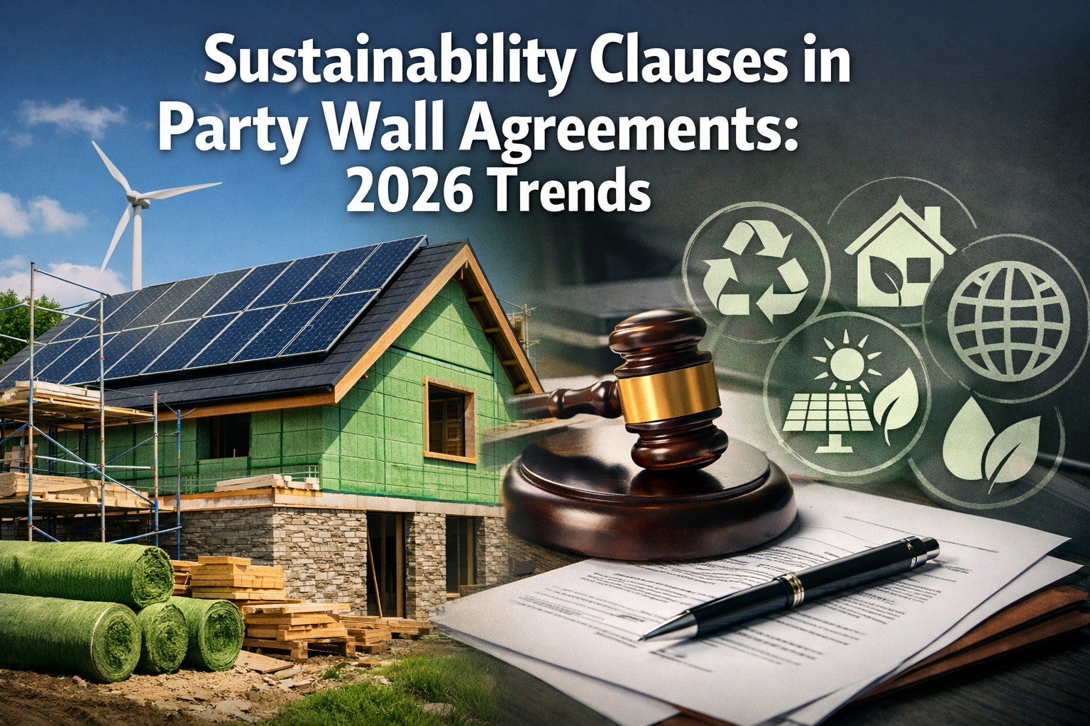 Professional () hero image with : 'Sustainability Clauses in Party Wall Agreements: 2026 Trends' in extra large white with