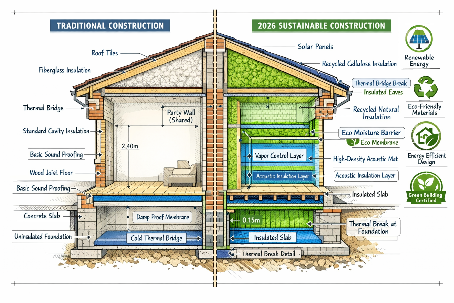 () architectural cross-section illustration of adjoining properties sharing party wall, with detailed annotations showing
