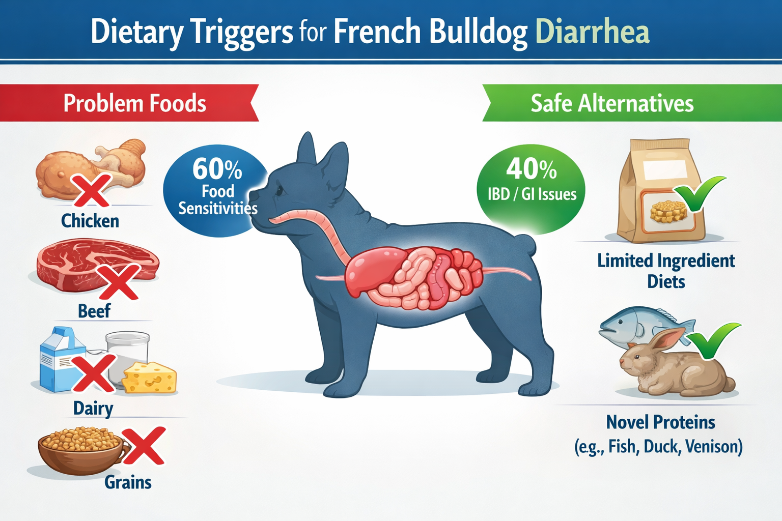 Landscape format (1536x1024) infographic showing common dietary triggers for French Bulldog diarrhea. Split-screen layout with 'Problem Food