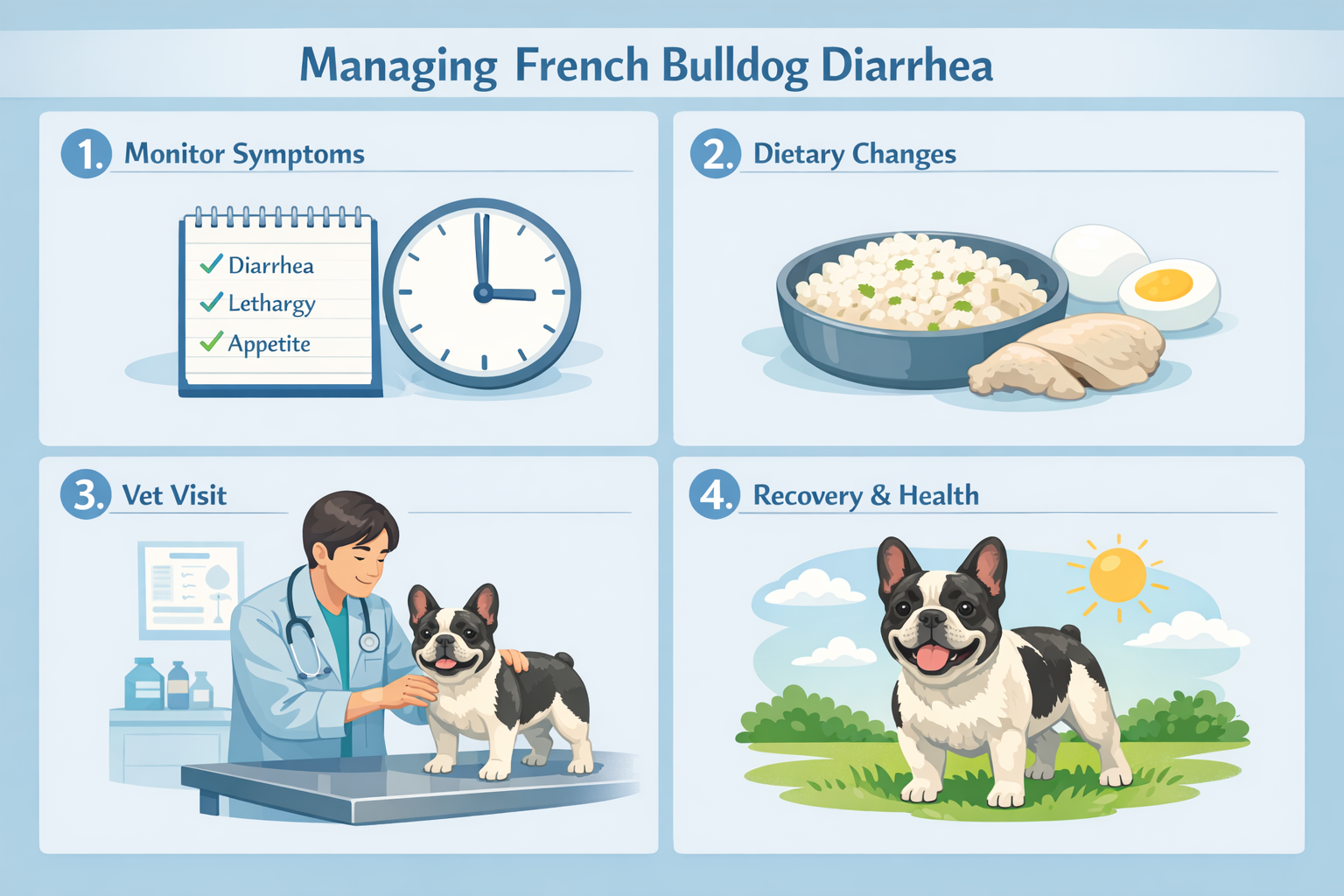 Landscape format (1536x1024) step-by-step visual guide for French Bulldog diarrhea management. Four-panel layout showing: 1) monitoring symp